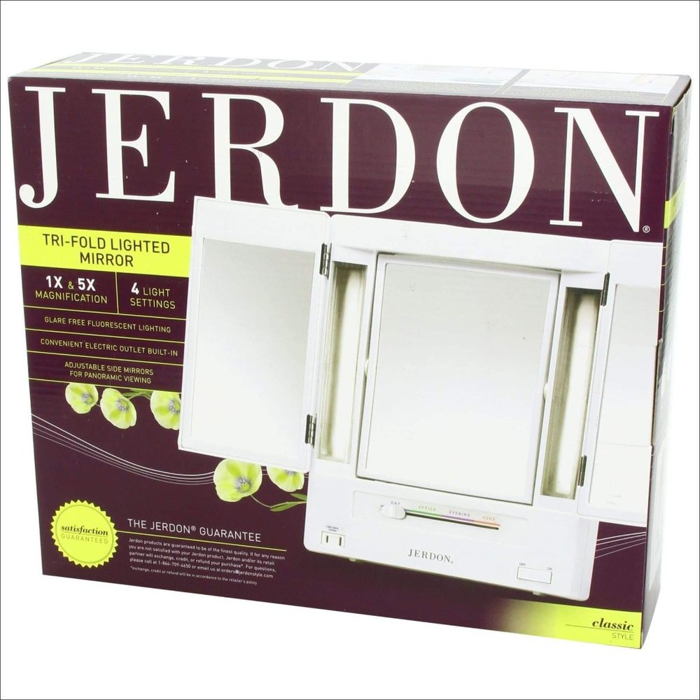 Jerdon Tri-Fold Two-Sided Lighted Makeup Mirror with 5x Magnification, White Fin